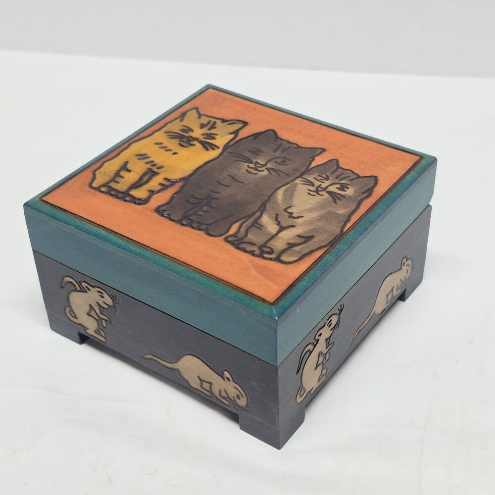 Polish Cats and Mice Wood Carved Hand Painted Trinket Box By Enchanted World